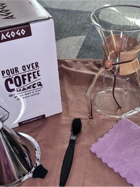 AGOGO Glass Pour Over Coffee Maker with Brown Leather Collar and Clear Body